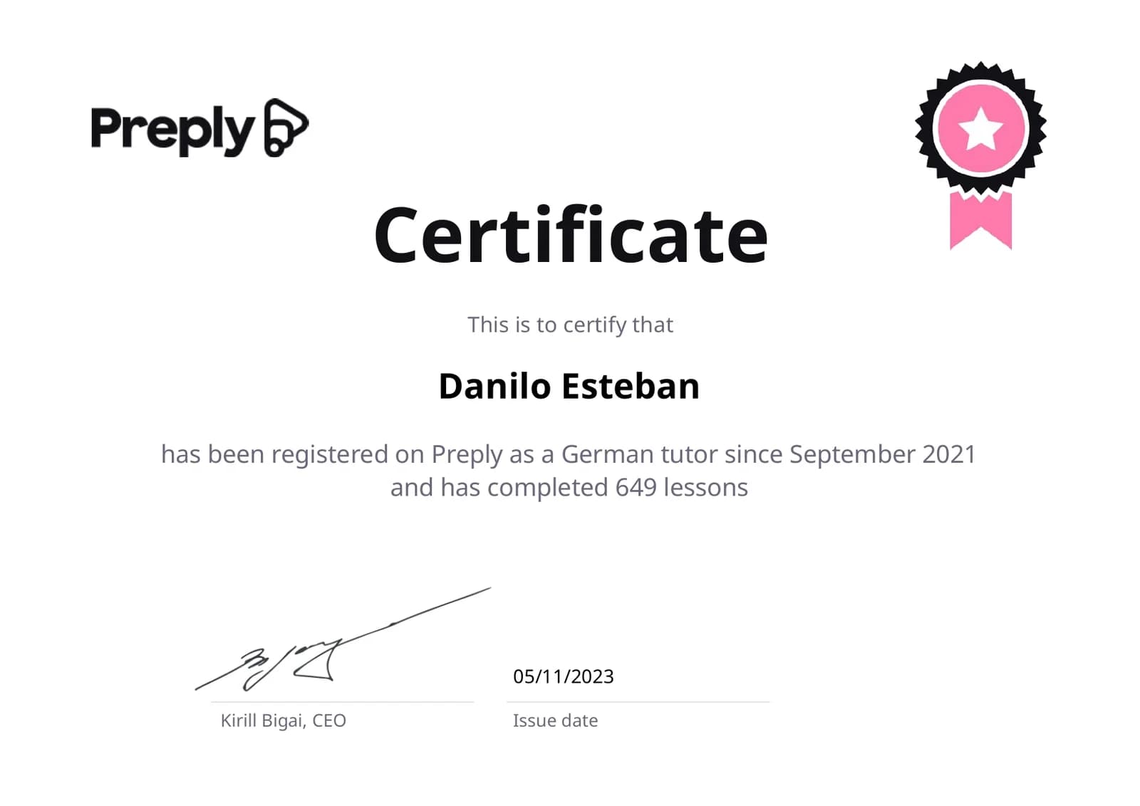 Preply certificate of Danilo Esteban as a German tutor